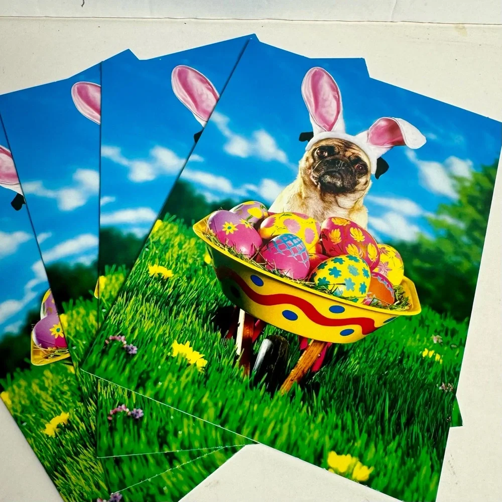 4 Avanti Greeting cards - dog pug in bunny ears with wheel barrel of Easter eggs